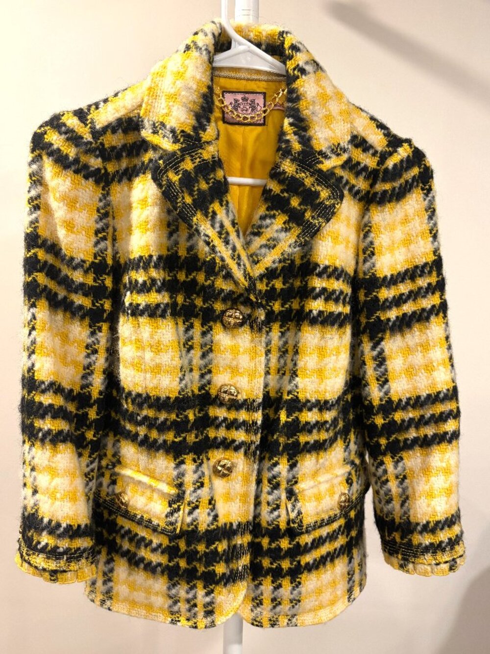 Vintage Y2K Juicy Couture Yellow‎ Plaid Wool Blazer Jacket Preppy Grunge Small